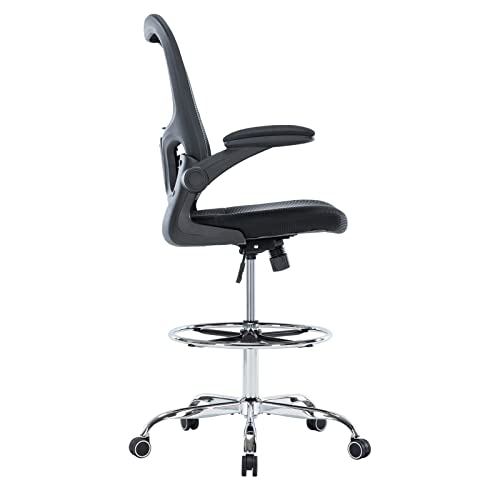 Hramk Ergonomic Office Drafting Desk Chair with Flip up Arms, Mesh Back Tall Office Chair with Adjustable Lumbar Support and Foot Ring (Metal Wheelbase, Black)