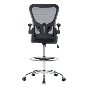 Hramk Ergonomic Office Drafting Desk Chair with Flip up Arms, Mesh Back Tall Office Chair with Adjustable Lumbar Support and Foot Ring (Metal Wheelbase, Black)