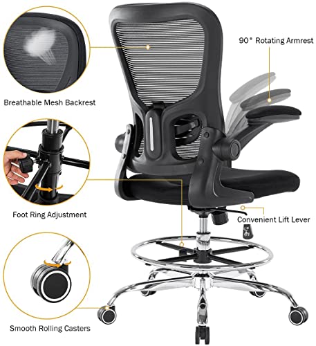 Hramk Ergonomic Office Drafting Desk Chair with Flip up Arms, Mesh Back Tall Office Chair with Adjustable Lumbar Support and Foot Ring (Metal Wheelbase, Black)