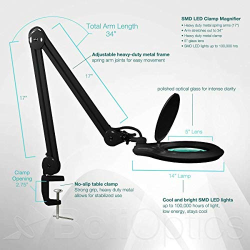 ESD Safe (Glass Lens) Professional LED Magnifying Lamp with Clamp (3 Diopter, 1.75X Magnification) Dimmable Work Light, Daylight Bright, 1200 Lumens 5600K-6000K, 60 SMD LEDs, BoliOptics MG16303222