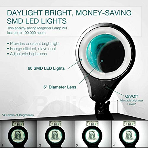 ESD Safe (Glass Lens) Professional LED Magnifying Lamp with Clamp (3 Diopter, 1.75X Magnification) Dimmable Work Light, Daylight Bright, 1200 Lumens 5600K-6000K, 60 SMD LEDs, BoliOptics MG16303222