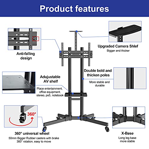 Mobile TV Stand with Wheels for 32-70 inch LED LCD 4K Flat/Curved Screen TVs, UL Certificated Rolling/Floor TV Cart, Height Adjustable TV Trolley with Shelf Up to 121 lbs Max VESA 600x400mm- TC004