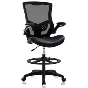 drafting chair tall office chair ergonomic desh chair with lumbar support foot ring flip up arms height adjustable rolling swivel mesh drafting stool task executive chair for standing desk, black