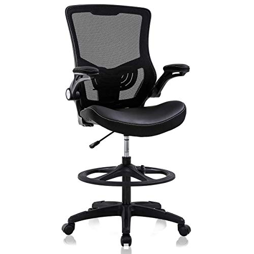 Drafting Chair Tall Office Chair Ergonomic Desh Chair with Lumbar Support Foot Ring Flip Up Arms Height Adjustable Rolling Swivel Mesh Drafting Stool Task Executive Chair for Standing Desk, Black