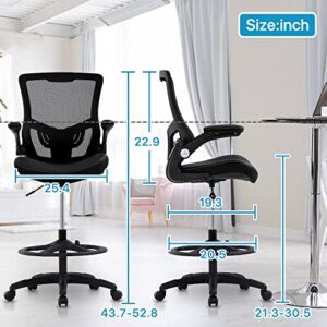 Drafting Chair Tall Office Chair Ergonomic Desh Chair with Lumbar Support Foot Ring Flip Up Arms Height Adjustable Rolling Swivel Mesh Drafting Stool Task Executive Chair for Standing Desk, Black