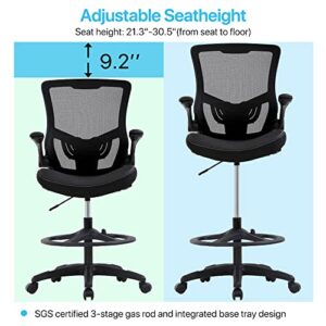 Drafting Chair Tall Office Chair Ergonomic Desh Chair with Lumbar Support Foot Ring Flip Up Arms Height Adjustable Rolling Swivel Mesh Drafting Stool Task Executive Chair for Standing Desk, Black