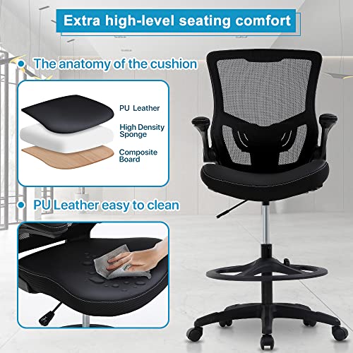 Drafting Chair Tall Office Chair Ergonomic Desh Chair with Lumbar Support Foot Ring Flip Up Arms Height Adjustable Rolling Swivel Mesh Drafting Stool Task Executive Chair for Standing Desk, Black