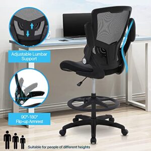 Drafting Chair Tall Office Chair Ergonomic Desh Chair with Lumbar Support Foot Ring Flip Up Arms Height Adjustable Rolling Swivel Mesh Drafting Stool Task Executive Chair for Standing Desk, Black