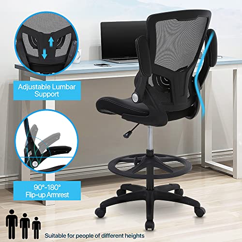 Drafting Chair Tall Office Chair Ergonomic Desh Chair with Lumbar Support Foot Ring Flip Up Arms Height Adjustable Rolling Swivel Mesh Drafting Stool Task Executive Chair for Standing Desk, Black