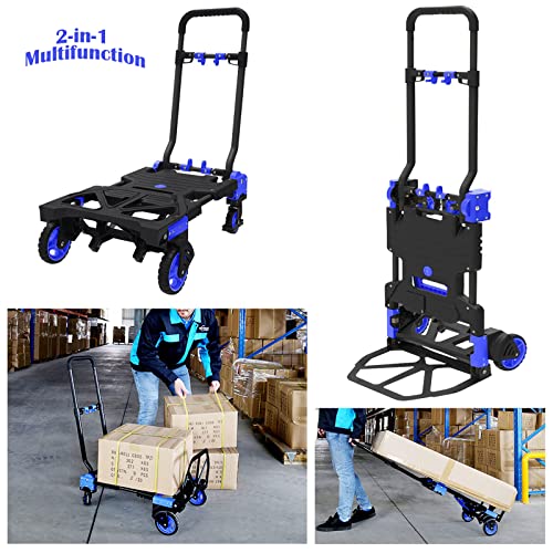 2-in-1Folding Hand Truck with Folding Basket, 330LBS Capacity handtruck,Dolly cart with Retractable Handle,Hand Truck Foldable Dolly with 4 Wheels,Portable Hand cart