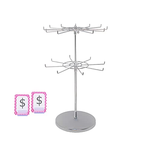 ARIOLUXE Countertop Heavy Duty Metal Rotating Adjustable 2 Tire Spinner Display Stand Rack, Height Adjustable Rotating Jewelry Organizer stand, Chrome Coated Steel(Silver), Comes with 2 Sign Holders