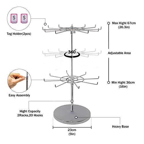 ARIOLUXE Countertop Heavy Duty Metal Rotating Adjustable 2 Tire Spinner Display Stand Rack, Height Adjustable Rotating Jewelry Organizer stand, Chrome Coated Steel(Silver), Comes with 2 Sign Holders