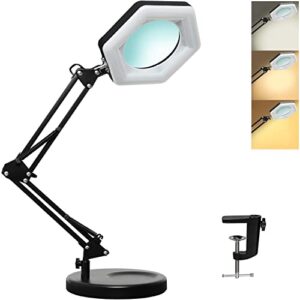 psiven magnifying glass with light and stand, dimmable led magnifier desk lamp with clamp, 3 color modes, hands free magnifying lights for close work, repair, swing arm magnifying work light with base