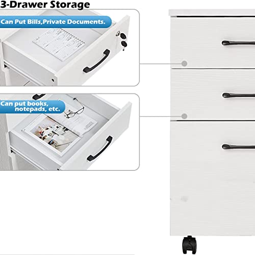 YQ FUNLIS 3 Drawer Mobile File Cabinet with Lock Under Desk Storage Drawers Small File Cabinet for Home Office,White