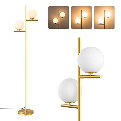 EDISHINE Dimmable Globe Floor Lamp, Mid Century Modern 2 Frosted Glass Globe Standing Lamps for Living Room, Stepless Dimming, Contemporary Brass Tall Pole Light for Bedroom, Study Room, Hotel-Gold