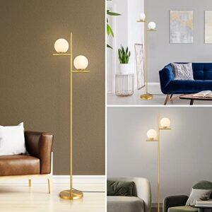 EDISHINE Dimmable Globe Floor Lamp, Mid Century Modern 2 Frosted Glass Globe Standing Lamps for Living Room, Stepless Dimming, Contemporary Brass Tall Pole Light for Bedroom, Study Room, Hotel-Gold