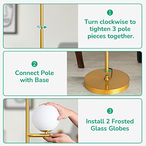 EDISHINE Dimmable Globe Floor Lamp, Mid Century Modern 2 Frosted Glass Globe Standing Lamps for Living Room, Stepless Dimming, Contemporary Brass Tall Pole Light for Bedroom, Study Room, Hotel-Gold