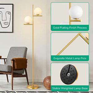 EDISHINE Dimmable Globe Floor Lamp, Mid Century Modern 2 Frosted Glass Globe Standing Lamps for Living Room, Stepless Dimming, Contemporary Brass Tall Pole Light for Bedroom, Study Room, Hotel-Gold