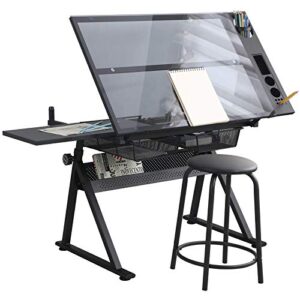 KAAYEE Premium Drawing Draft Table - Height Adjustable Draft Drawing Desk,Up to 72°Tiltable Glass top w/Stool and Drawers for Reading, Writing Art Craft Work Station