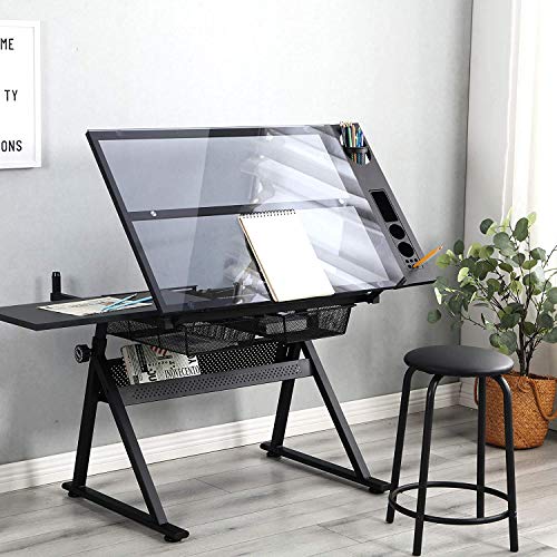 KAAYEE Premium Drawing Draft Table - Height Adjustable Draft Drawing Desk,Up to 72°Tiltable Glass top w/Stool and Drawers for Reading, Writing Art Craft Work Station