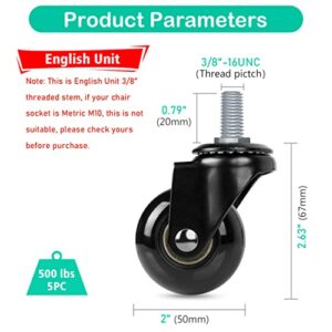 Hirate 5 Pack Office Chair Casters with 3/8"-16UNC Threaded Stem(English Unit), 2" Durable Swivel Stem Gaming Chairs Casters Replacement Smooth Rolling Safe for Hardwood Tile Floors