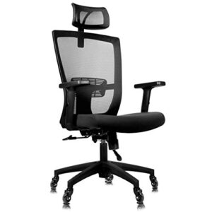 becko ergonomic adjustable office chair with roller blade wheels for home and office – with breathable mesh backrest, thick comfy cushion, back support, retractable headrest & armrests (black)