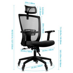 Becko Ergonomic Adjustable Office Chair with Roller Blade Wheels for Home and Office - with Breathable Mesh Backrest, Thick Comfy Cushion, Back Support, Retractable headrest & Armrests (Black)