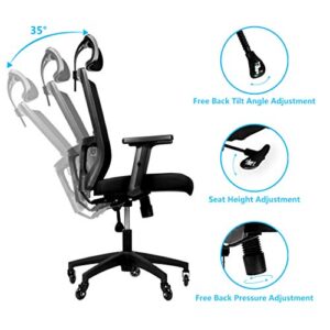 Becko Ergonomic Adjustable Office Chair with Roller Blade Wheels for Home and Office - with Breathable Mesh Backrest, Thick Comfy Cushion, Back Support, Retractable headrest & Armrests (Black)