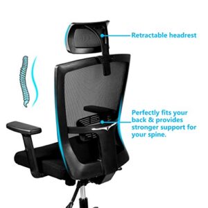 Becko Ergonomic Adjustable Office Chair with Roller Blade Wheels for Home and Office - with Breathable Mesh Backrest, Thick Comfy Cushion, Back Support, Retractable headrest & Armrests (Black)