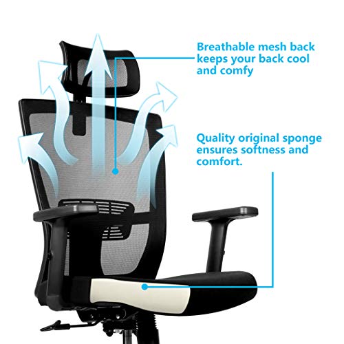 Becko Ergonomic Adjustable Office Chair with Roller Blade Wheels for Home and Office - with Breathable Mesh Backrest, Thick Comfy Cushion, Back Support, Retractable headrest & Armrests (Black)