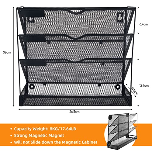 JLLOM 4 Tier Mesh Desk Organizer,Magnetic File Holder for File Cabinets,12.6inch Magnetic Paper Holder that Holds Up to 17.64Lbs Black Paper Sorter Desk Organizer for Office,Home or School