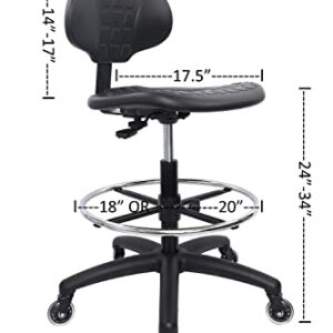 CHAIR MASTER (Tall Bench Stool, Rubber Roller Blade Stye Casters) Easy to Clean! Ergonomic Polyurethane Drafting Stool. Seat Height Range 24"-34". Home Office Lab Workstation.