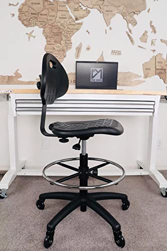 CHAIR MASTER (Tall Bench Stool, Rubber Roller Blade Stye Casters) Easy to Clean! Ergonomic Polyurethane Drafting Stool. Seat Height Range 24"-34". Home Office Lab Workstation.