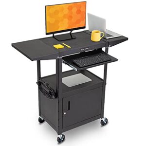 line leader av cart with locking cabinet and drop leaves | height adjustable utility cart with extra storage | power strip and cord management | great for presentations (black / 46 x 18)