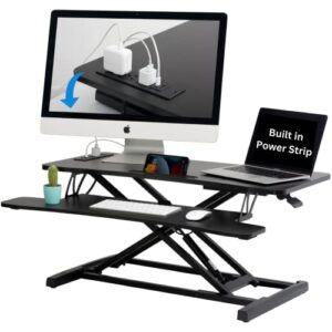 height adjustable standing desk converter with usb, usb-c and electric plugs [dual monitor/laptop desk riser with keyboard tray] gas spring sit to stand workstation [adjustable desk for home office]
