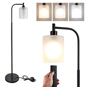 industrial led floor lamp with hanging frosted glass shade, modern standing lamp with smart bulb, remote control, dimmable, tall pole lamp for bedroom living room office farmhouse, matte black