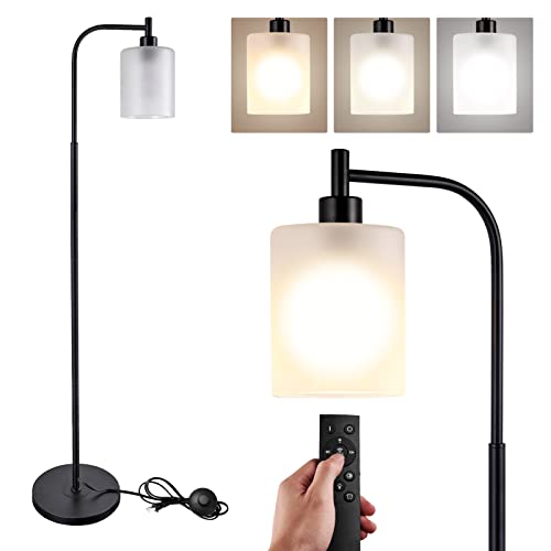 Industrial LED Floor Lamp with Hanging Frosted Glass Shade, Modern Standing Lamp with Smart Bulb, Remote Control, Dimmable, Tall Pole Lamp for Bedroom Living Room Office Farmhouse, Matte Black