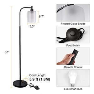 Industrial LED Floor Lamp with Hanging Frosted Glass Shade, Modern Standing Lamp with Smart Bulb, Remote Control, Dimmable, Tall Pole Lamp for Bedroom Living Room Office Farmhouse, Matte Black