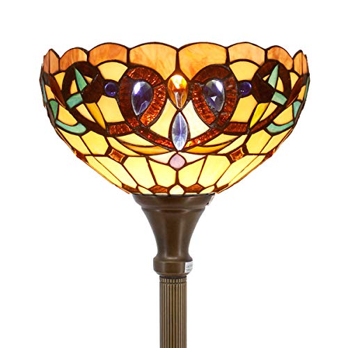 WERFACTORY Tiffany Floor Lamp Serenity Victorian Stained Glass Light 12X12X66 Inches Pole Torchiere Standing Corner Torch Uplight Decor Bedroom Living Room Home Office S021 Series