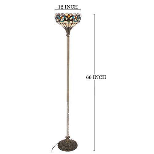 WERFACTORY Tiffany Floor Lamp Serenity Victorian Stained Glass Light 12X12X66 Inches Pole Torchiere Standing Corner Torch Uplight Decor Bedroom Living Room Home Office S021 Series