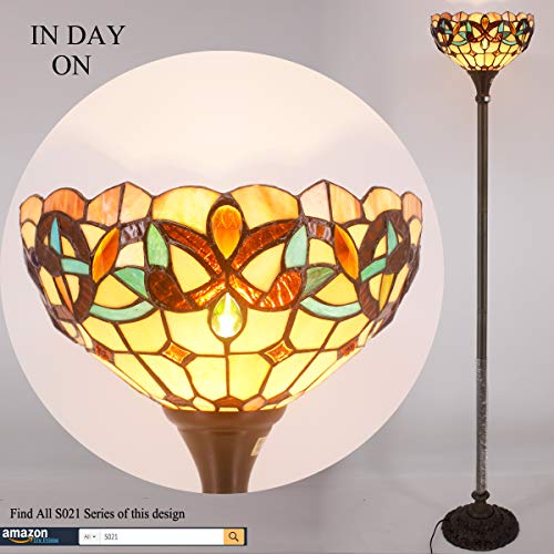 WERFACTORY Tiffany Floor Lamp Serenity Victorian Stained Glass Light 12X12X66 Inches Pole Torchiere Standing Corner Torch Uplight Decor Bedroom Living Room Home Office S021 Series