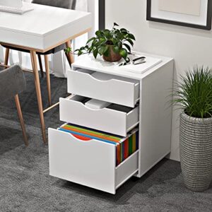 woodworth 3 drawers storage cabinet, wooden mobile filing cabinet for mini printer stand, with lockable casters, for home office (3-drawers, white)