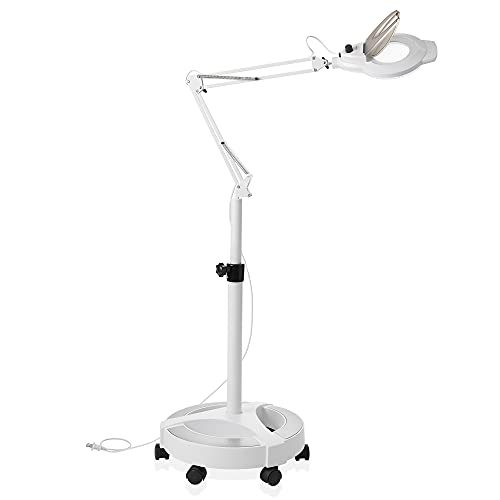 Saloniture 6 Wheel Rolling Base Magnifying LED Floor Lamp - Adjustable 3X Magnifier with Dimmable Lights for Lashes, Facials, Salon, Esthetician Spa, and Crafts