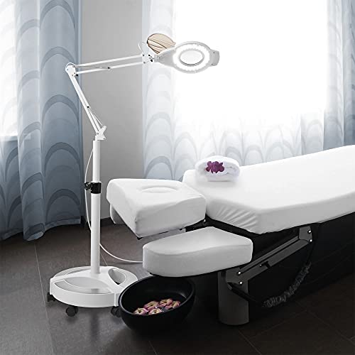 Saloniture 6 Wheel Rolling Base Magnifying LED Floor Lamp - Adjustable 3X Magnifier with Dimmable Lights for Lashes, Facials, Salon, Esthetician Spa, and Crafts