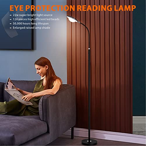 XXEAN Super Bright LED Floor Lamp with Remote,22W Dimmable Standing Lamp for Bedroom,Adjustable 10 Levels Brightness Tall Lamp with Timer,Touch Control Black Floor Lamp for Living Room