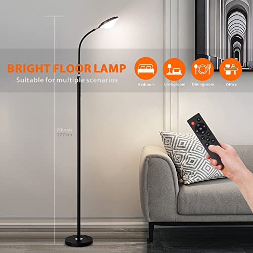 XXEAN Super Bright LED Floor Lamp with Remote,22W Dimmable Standing Lamp for Bedroom,Adjustable 10 Levels Brightness Tall Lamp with Timer,Touch Control Black Floor Lamp for Living Room