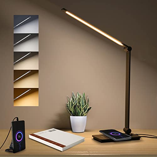 BRUSIORI Desk Lamp with Wireless Charger, Dimmable Desk Light with 5 Colors Modes, 3 Brightness Levels, Extra USB Charging Port, Foldable LED Desk Lamps for Bedroom Office Bedside Study