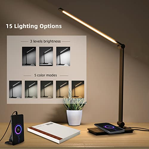 BRUSIORI Desk Lamp with Wireless Charger, Dimmable Desk Light with 5 Colors Modes, 3 Brightness Levels, Extra USB Charging Port, Foldable LED Desk Lamps for Bedroom Office Bedside Study