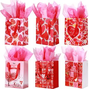 12 pieces valentine’s day gift bags valentine theme paper handles bags valentine’s day love goodie bags with tissue paper and heart shaped tags for valentine’s day party favors gift wrapping