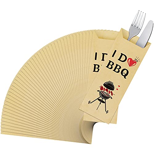 100 Pieces I Do BBQ Kraft Paper Silverware Bags Knife Forks Silverware Pouch Bags Disposable Cutlery Utensil Holder for Restaurant Kitchen BBQ Party Wedding Decorations (2.8 x 7.5 Inch)